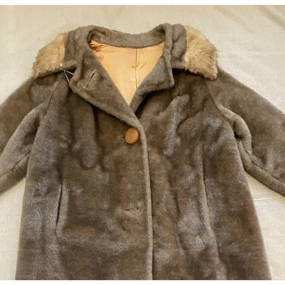 Vtg Tudor City 1960s Coat Womens Medium Tan Mink Collar Malden Otter Faux Fur - Picture 8 of 16
